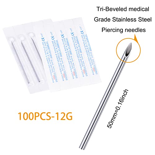 100PCS 12G Body Piercing Needles, Disposable Sterile Stainless Steel Piercing Needles for Ear Navel Belly Frenum Industrial PA Piercing
