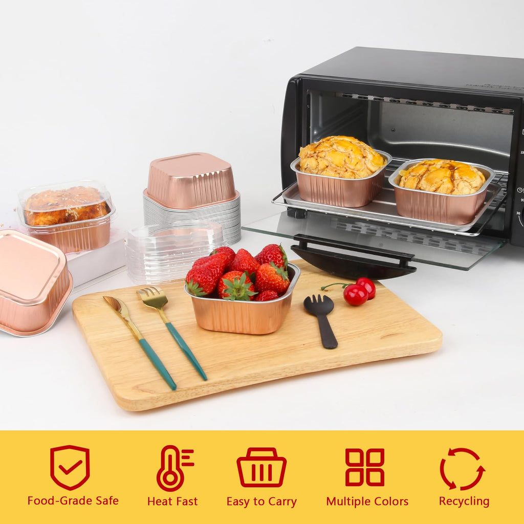 10oz Mini Cake Tins With Lids 40 Pack,LNYZQUS Aluminum Foil Small Baking Pans Disposable Large Brownie Baking Cups,4”x4” Small Bread Muffin Containers Holders For Party-Champagne