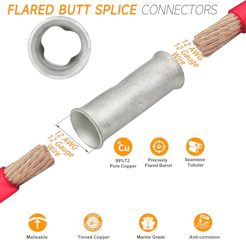 12-10 Gauge Butt Splice Connector 36 PCS 12-10 AWG Non-Insulated Butt Connectors Uninsulated Crimp Wire Butt Connectors Tinned Copper Marine Grade Crimp Butt Terminals + 36 PCS 3:1 Heat Shrink Tube