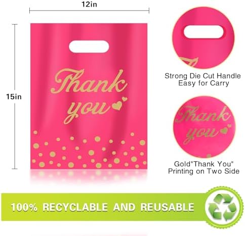 12x15In 100 Pcs Thank You Bags Shopping Bags for Small Business, 2.36Mil Extra Thick Gifts Bag, Plastic Merchandise Bags with Handle for Stores Boutique Clothes, Pink