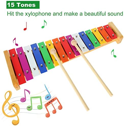 15 Tone Xylophone Glockenspiel Colorful Wooden Xylophone Xilofono Instrument with 2 Mallets for Beginner