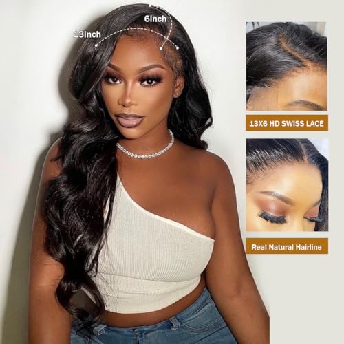 13x6 Body Wave Lace Front Wigs Human Hair Pre Plucked 30Inch 180% Density HD Transparent Lace Frontal Wigs for Women Glueless Wig with Baby Hair
