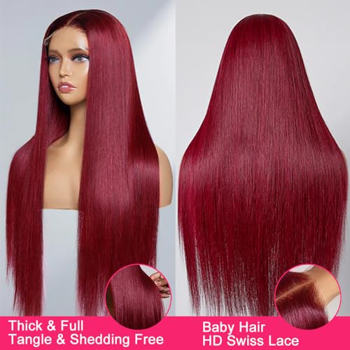 13x4 Straight Lace Front Wigs Human Hair 99J Burgundy HD Lace Front Wigs Human Hair Pre Plucked with Baby Hair 150 Density Human Hair Wigs for Black Women(16Inch)