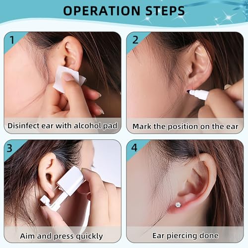 12 Pcs Ear Piercing Kit Disposable Ear Piercing Gun Kit with 4 Pcs 6 Prong Setting Cubic Zirconia Earrings Stud 316L Stainless Steel Easy to Use at Home Self Ear Piercer Gun Kit Tool, Silver