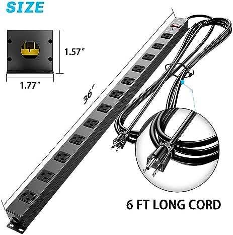12 Outlet Surge Protector Metal Power Strip, 1800J Mountable Power Outlet, Heavy Duty Workshop Metal Power Strip for Commercial, Industrial, School and Home,15A 125V 1875W (6FT)