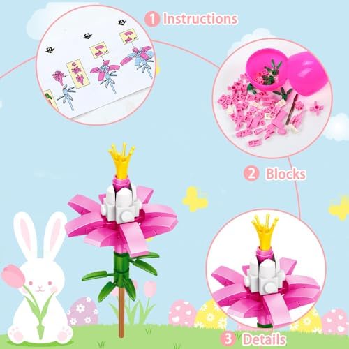 12PCS Easter Flower Building Blocks with Easter Eggs Toys Building Brick Blocks for Party Favor Easter Basket Stuffers Toys Stacking Block Sets for Kids Adults Classroom Prizes Gifts