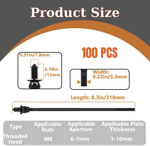 100PCS 8.3" Fir Tree Push Mount Zip Ties Heavy Duty Nylon Cable Ties, Cable Management Indoor Oudoor UV Resistant Self Locking for Automotive Wiring, Cars, Boats, Engine Bay Wire (BLACK, 8.3IN)