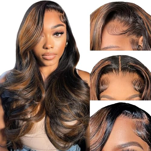 13x6 Highlight Ombre Lace Front Wig Human Hair 200 Density HD Lace Front Wigs Human Hair Pre Plucked FB/30 Body Wave Lace Frontal Wigs Human Hair Balayage Wigs for Women 22 Inch