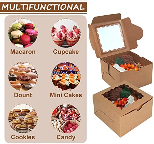 100pcs Cookie Boxes 4x4x2.5 Inches: Bakery Boxes with Window, Treat Boxes, Dessert Boxes, Chocolate Covered Strawberries Boxes- Kraft Paper
