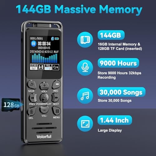144GB Digital Voice Recorder with Playback, Volorful 1536Kbps Audio Recorder for Interviews Meetings, Voice Activated Recorder Recording Device with Noise Reduction, MP3 Stereo Player, Microphone