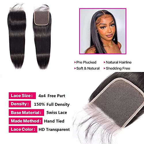 10A Brazilian Straight Human Hair 3 Bundles with Closure 12 14 16+10 Inch Straight Bundles with Closure 100% Unprocessed Straight Virgin Hair Weave Bundles Human Hair with Closure HD Lace