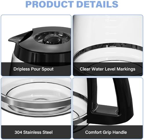 12-Cup Coffee Maker Carafe Replacement Compatible with Cuisinart Coffee Maker SS-12, SS-15, SS-16, DCC-1100BK, DCC-1200, DCC-2650, CHW-12P1, DGB-400, DGB-550BK, DGB-550BK1, DGB-625BC and DGB-700BC
