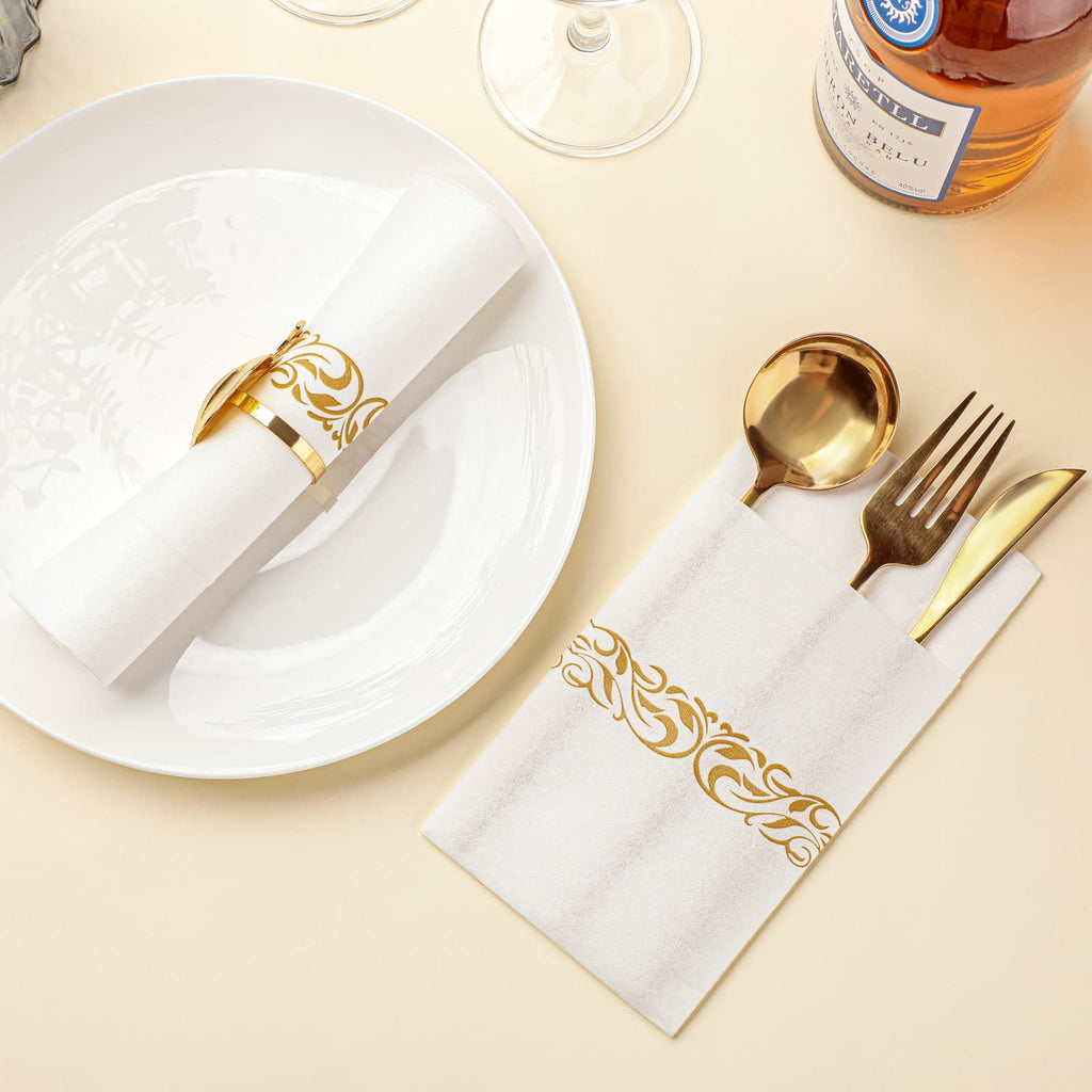 120 Pcs Disposable Dinner Napkins Pocket for Flatware Disposable Cloth Like Napkins Linen Feel Absorbent Disposable Paper Hand Napkins for Parties Weddings Dinners or Events (White, Gold)