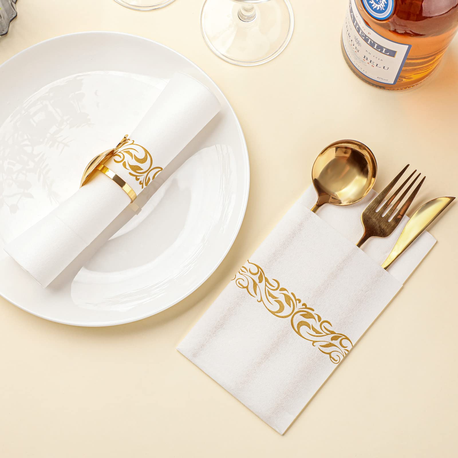 120 Pcs Disposable Dinner Napkins Pocket for Flatware Disposable Cloth Like Napkins Linen Feel Absorbent Disposable Paper Hand Napkins for Parties Weddings Dinners or Events (White, Gold)
