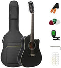 12 String Acoustic Guitar Cutaway,Adjustable Truss Rod Full Size Bundle with Gig Bag,Tuner,Strings,Strap, Picks, Black By Janerock