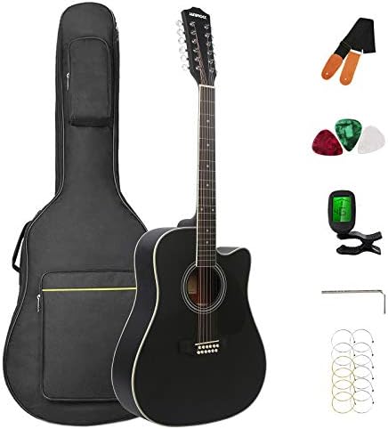 12 String Acoustic Guitar Cutaway,Adjustable Truss Rod Full Size Bundle with Gig Bag,Tuner,Strings,Strap, Picks, Black By Janerock