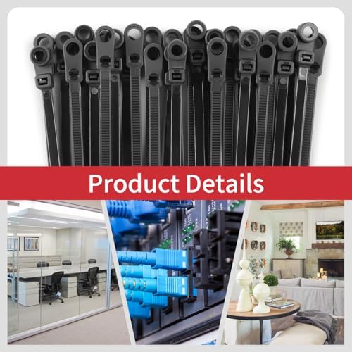 12 Inch Black Cable Ties (100 Pack) zip ties with screw mounting hole 120 lb Strength + 100 Screws - Ideal for Automotive, Fencing & Outdoor Wire Management