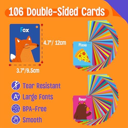 106 PCS Early Learning Flashcards, Double Sided Cards- Alphabet, Numbers, Foods, Animals, Shapes, Colors, Home Object with 4 Reclosable Rings, Learning Tool for Pre-K Kindergarten Toddlers