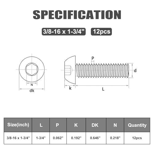 12Pcs 3/8-16 x 1-3/4" Button Head Socket Cap Bolts Screws, 304 Stainless Steel 18-8, Allen Hex Drive, Bright Finish, Fully Threaded, Hex Spanner Included