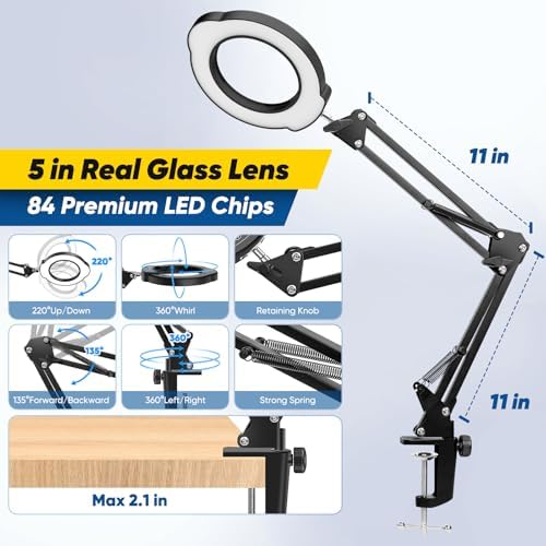 10X Magnifying Glass with Light and Clamp，Real Glass Lens 5 Color Modes Dimmable LED Lighted Magnifier with Swing Arm Hands Free Magnifying Desk Lamp for Crafts Sewing Painting Reading Close Work