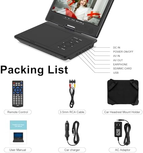 12.5" Portable DVD Player, Bluetooth Headrest Video Players with 10.1" Swivel Screen, 5 Hours Rechargeable Battery, DVD Player for car, Regions Free, Car DVD Player Supports SD/USB/Sync TV