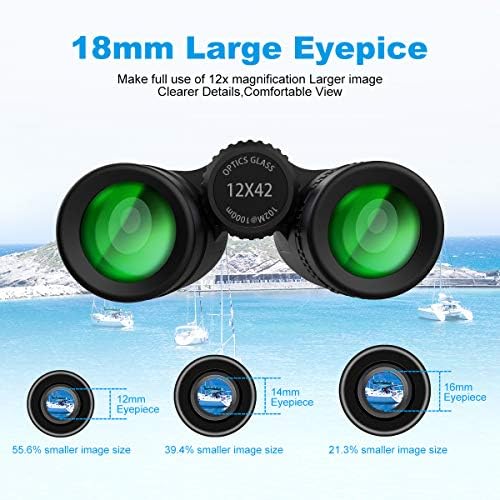 12x42 Binoculars for Adults, Binoculars with Weak Light Vision, Smartphone Photograph Adapter - 18mm Large View Eyepiece,16.5mm Super Bright BAK4 Prism FMC Lens for Birds Watching Hunting Sports