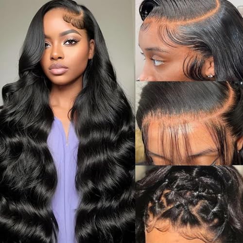 13x6 Lace Front Wigs Human Hair 200% Density HD Transparent Body Wave Lace Front Wigs Human Hair Body Wave Glueless Frontal Wigs Human Hair for Women Pre Plucked with Baby Hair Natural Black 22Inch