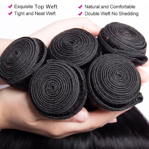 10A Brazilian Straight Human Hair 3 Bundles with Closure 12 14 16+10 Inch Straight Bundles with Closure 100% Unprocessed Straight Virgin Hair Weave Bundles Human Hair with Closure HD Lace