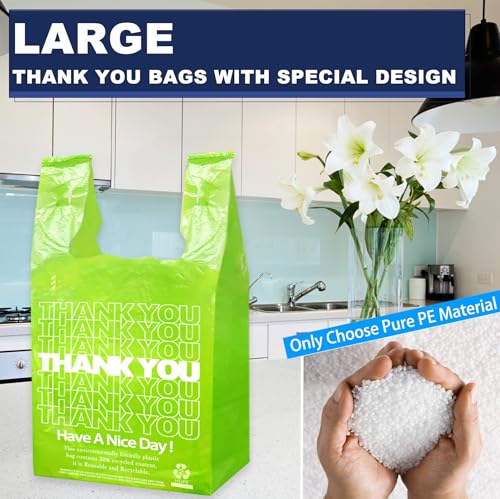 1000PACK Green Thank you bags, T shirt bags, Plastic Bags with Handles, Grocery shopping bag Reusable and Disposable Supermarket Bag 11.5''x6.25''x21'' (Green),Medium