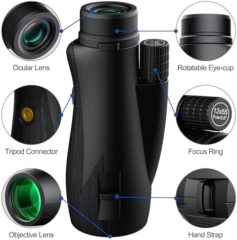 12x55 Monocular for Adults High Power - Aurosports Compact Portable Monoculars for Bird Watching - HD Monoculars with Smartphone Adapter Tripod Camera for Hunting Hiking Camping Wildlife