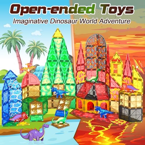 102PCS Dinosaur Toys Magnetic Tiles with 8 Dinosaurs - Jurassic Scenes Dinosaur World Adventure Set, Magnetic Blocks Kids Toys for Boys & Girls Ages 3+, Sensory Toddler Toys Creative Kids Games Gifts