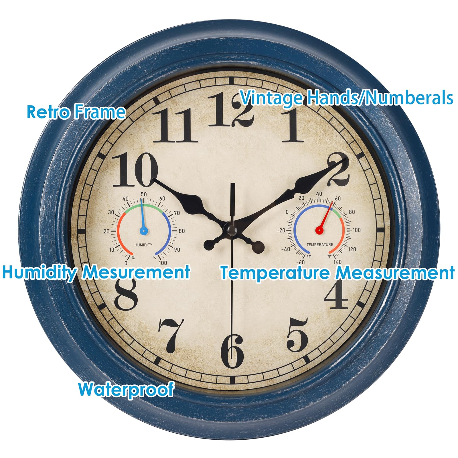 12 Inch Outdoor Clock with Thermometer and Hygrometer Combo, Waterproof Indoor Outdoor Wall Clocks for Patio, Pool, Garden, Bathroom Decor- Blue