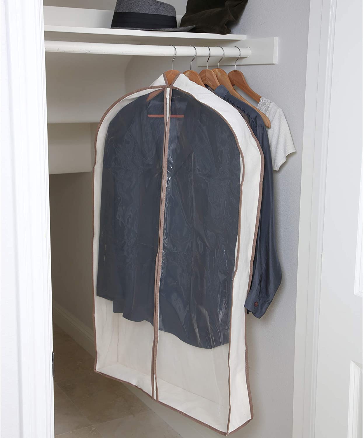 Canvas Gusseted Garment Bag Hanger with Cedar Wood - 24 x 42 Inch - Natural Canvas