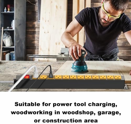 12 Outlet Heavy Duty Power Strip with 15A Circuit Breaker,Metal Wall Mount Power Strip for Garage Workshop Industrial 1200J 15A 125V 1875W 6ft Cord