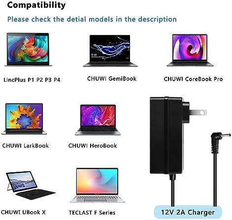 12V 2A Charger for Chuwi UBook X GemiBook Pro 14'' GemiBook 13''IPS HeroBook Pro 14.1'' IPS Pro+ 13.3 LarkBook 13.3 LincPlus P3 P4 1409 1429 P2 P1 TECLAST F5R F6 F6S F6 Plus F6 PRO F7S F7 AIR
