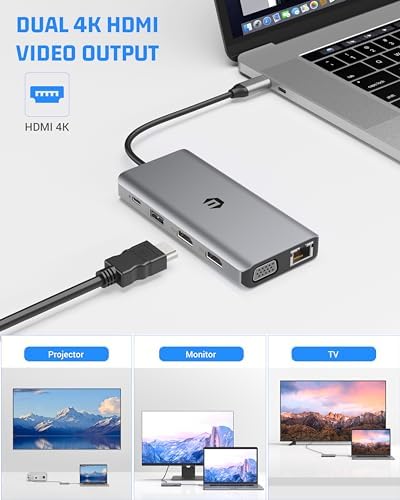 12 in 1 USB C Docking Station, Tymyp USB C Hub, 2 * 4K HDMI Outputs, VGA Port, 3 x USB A Ports, SD/TF Card Slots, 100W PD, Ethernet, 3.5mm Audio/Mic, Compatible with Mac Pro/Air/Windows and More