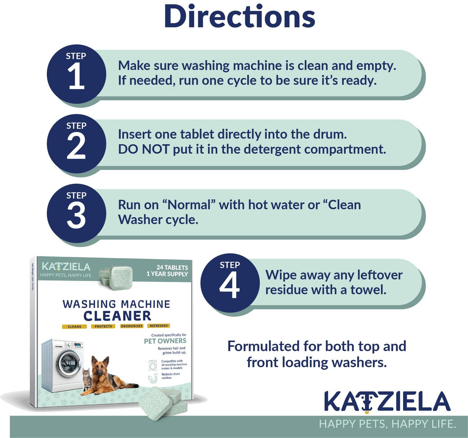 Katziela Washing Machine Cleaner Tablets – Plant-Based, Enzyme Formula for Pet Hair & Odor Removal – Fragrance-Free, Safe for All Washers