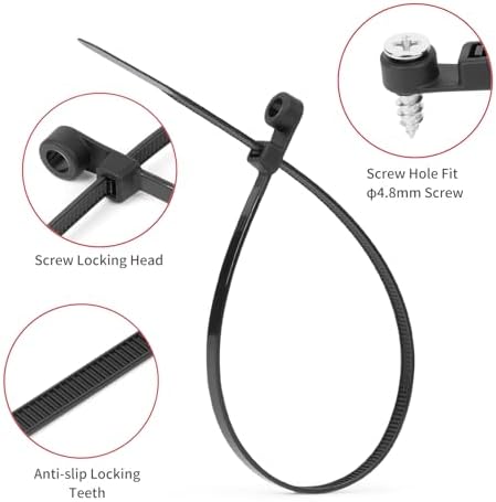 12 Inch Black Cable Ties (100 Pack) zip ties with screw mounting hole 120 lb Strength + 100 Screws - Ideal for Automotive, Fencing & Outdoor Wire Management