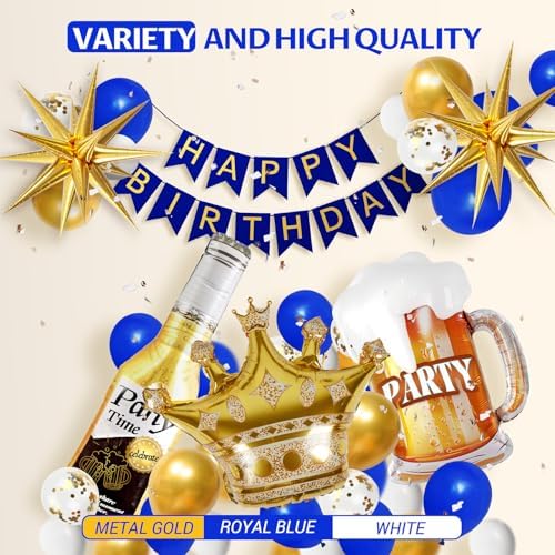 121pcs Royal Blue Gold Birthday Party Decorations with Happy Birthday Banner Foil Balloons for 16th 18th 21st 24th 32th 40th 50th 60th Birthday Decorations for Men