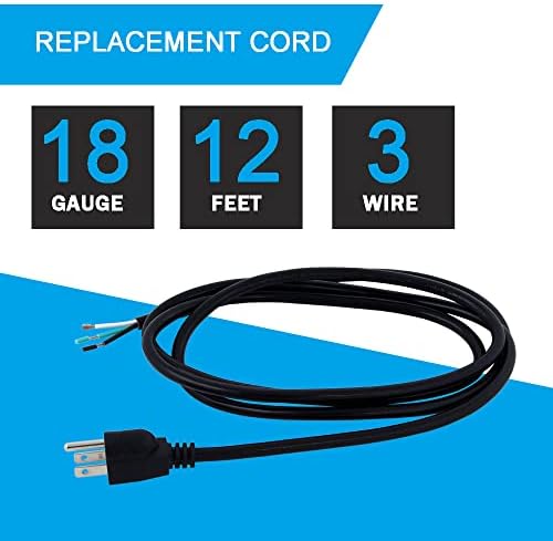 12FT 18AWG Power Cord Pigtail 3 Prong Open Wiring End Heavy Duty SJT Replacement Power Cord Cable NEMA 5-15P Male Plug, Power Cable 10A, 1200W at 120VAC