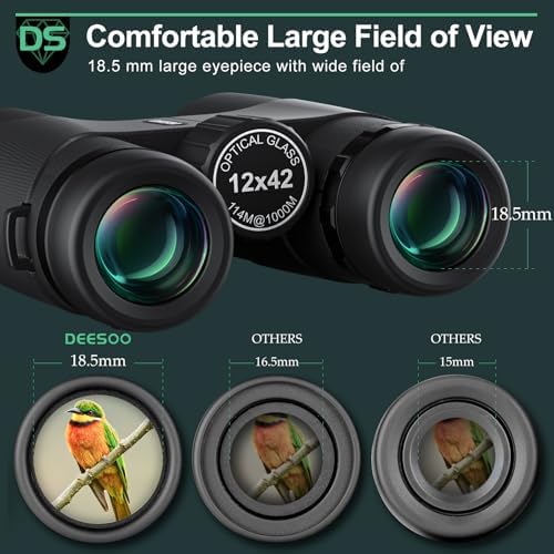 12x42 HD Binoculars for Adults High Powered - Deesoo Binoculars for Bird Watching with Large Field of View - High Magnification Binoculars with Phone Adapter, Plastic Tripod for Hiking Hunting