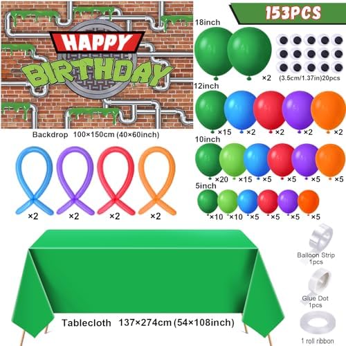 153Pcs Turtle Birthday Party Decorations Supplies Kids Teen, Green Turtle Balloon Arch with Backdrop Tablecloth Googly Eye Long Balloons, Girls Boys Video Game Cartoon Turtle Birthday Decorations