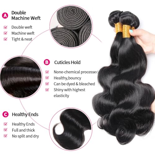 12A Body Wave Bundles Human Hair 16 18 20 Inch Human Hair Bundles 100% Unprocessed Brazilian Virgin Hair 3 Bundles weave for Black Women Natural Color
