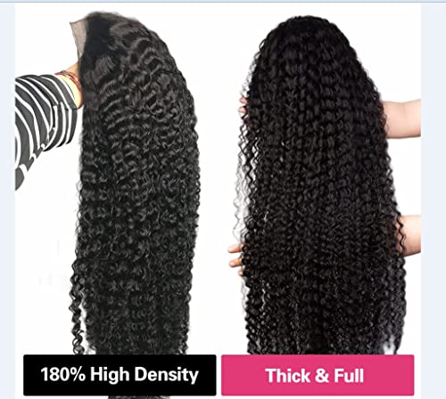 13x4 HD Transparent Lace Front Wigs Human Hair with Baby Hair Bleached Knots Black Color 180% Density Brazilian Deep Wave Frontal Wig Curly Wigs for Black Women (26 Inch, Natural Black)