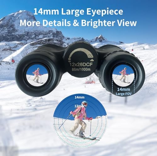 12x26 Compact Binoculars for Adults, Large Eyepiece Waterproof Binocular with Low Light Vision, High Powered Easy Focus Durable Binoculars for Bird Watching Hunting Travel Sightseeing