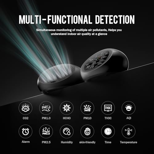 12 in 1 Air Quality Monitor Indoor- Portable Indoor Air Quality Meter for CO2, TVOC, PM2.5, PM1.0, PM10, Temperature, Humidity & Time Display【Dual Chip & High Accuracy】 Air Quality Tester for Home