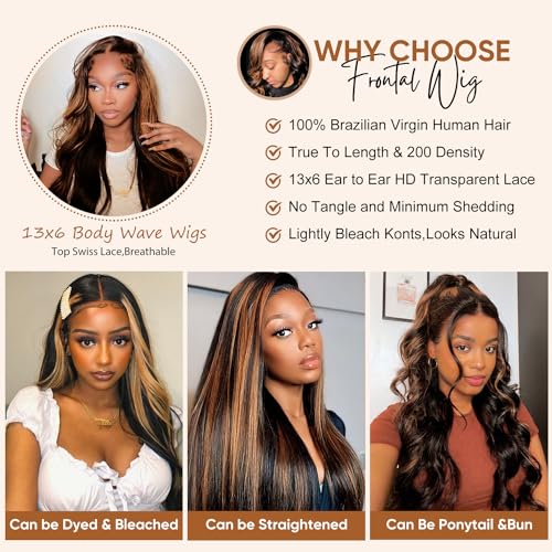 13x6 Highlight Ombre Lace Front Wig Human Hair 200 Density HD Lace Front Wigs Human Hair Pre Plucked FB/30 Body Wave Lace Frontal Wigs Human Hair Balayage Wigs for Women 22 Inch