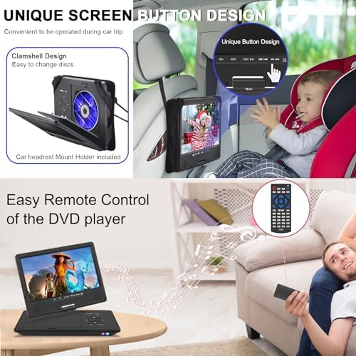 12.5" Portable DVD Player, Bluetooth Headrest Video Players with 10.1" Swivel Screen, 5 Hours Rechargeable Battery, DVD Player for car, Regions Free, Car DVD Player Supports SD/USB/Sync TV