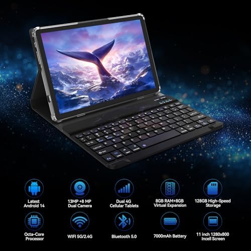 11 inch Tablet, 2025 Latest Android 14 Tablet with 16GB RAM 128GB ROM 1TB Expandable Octa-Core, 5G WiFi & Dual 4G Cellular, 2 in 1 Tablets with Keyboard Incell Large Screen,7000mAh Battery,Dual Camera
