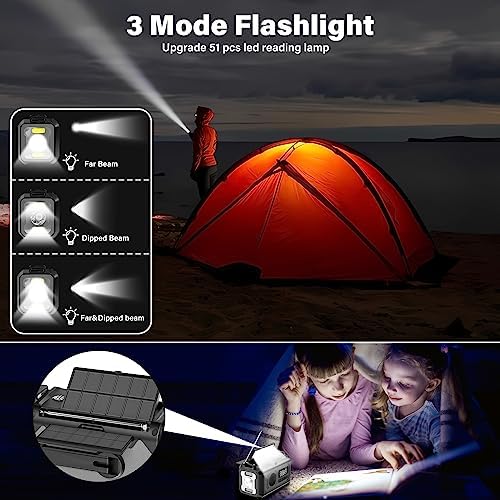 12000mAh Emergency Weather Radio, Hand Crank Radio Solar Radio Portable AM/FM/NOAA Radio with 2 Solar Panels 3 Charging Methods SOS Alarm 3 Mode Flashlight Phone Charger Compass Reading Lamp